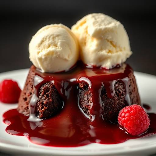 Molten Chocolate Lava Cake with Raspberry Coulis and Vanilla Bean Ice Cream