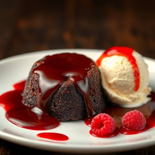 Molten Chocolate Lava Cake with Raspberry Coulis and Vanilla Bean Ice Cream